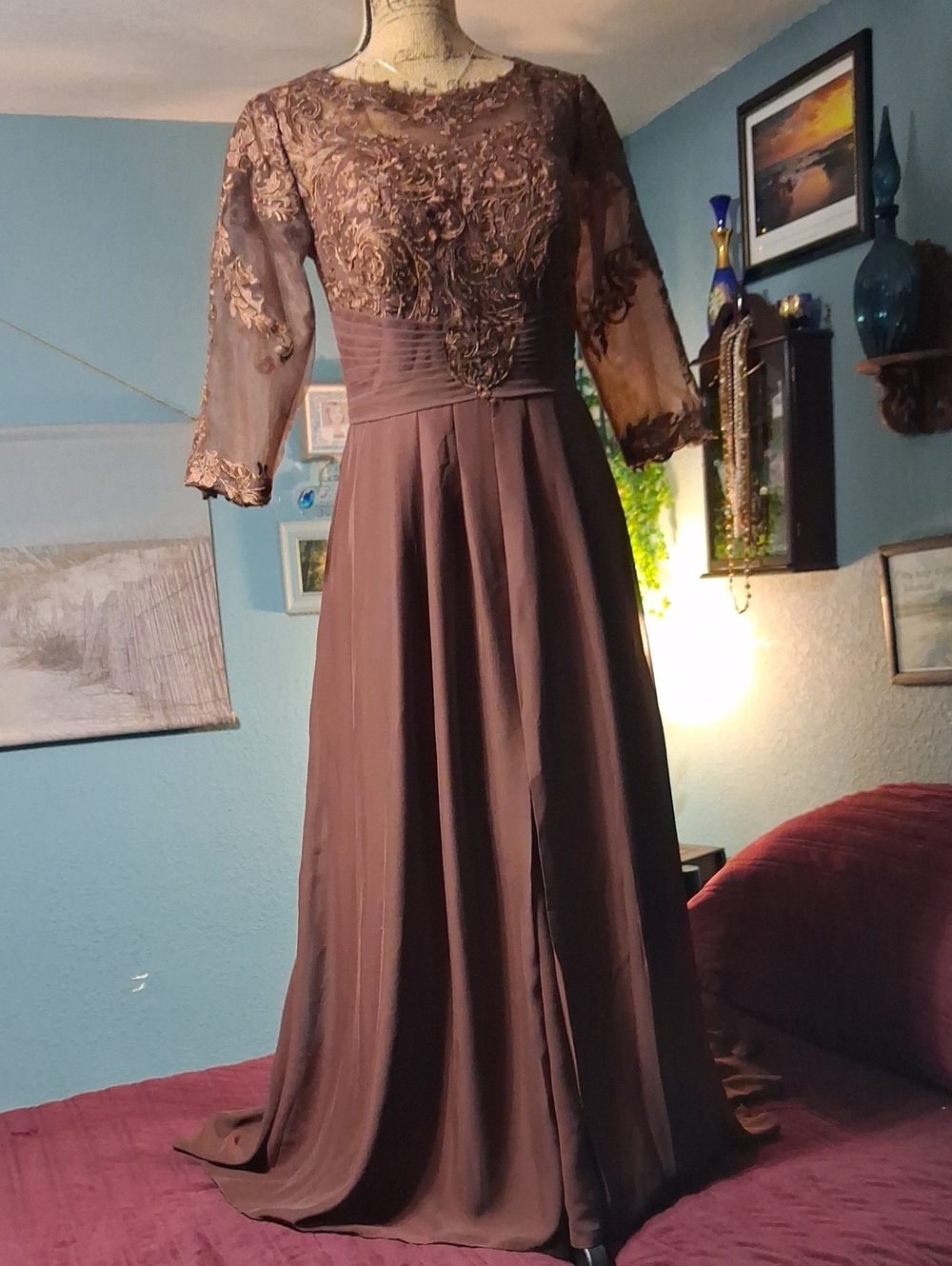 Source Unknown Chocolate Brown Lace Appliqué Chiffon Gown